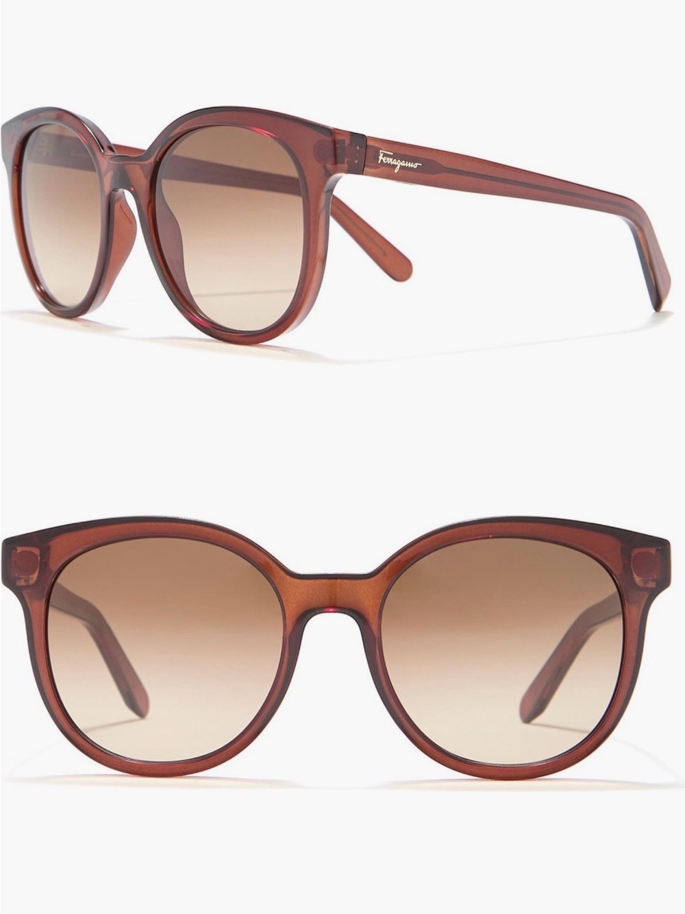 NIB Ferragamo 53mm Round Acetate Sunglasses Crystal Brown